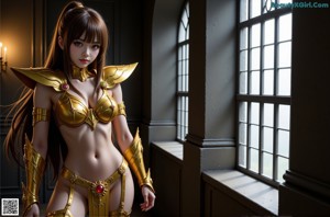 A woman in a gold outfit sitting on a window sill.