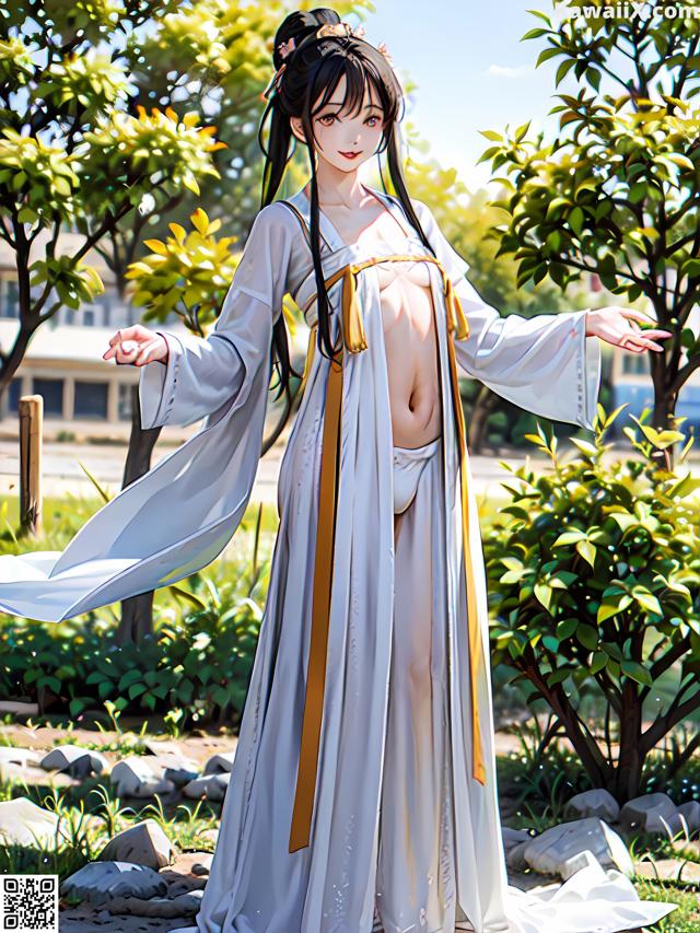 A woman in a white and yellow dress standing in a park.