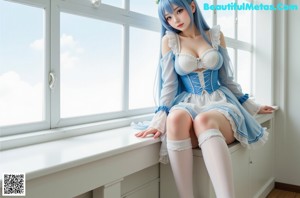 A woman in a blue and white dress sitting on a bed.