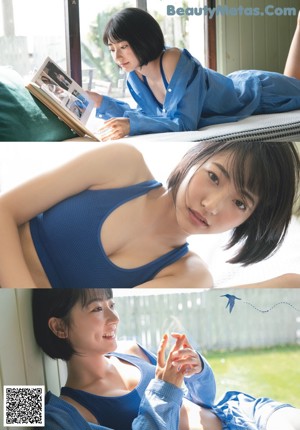 A woman sitting on a bed with her legs crossed.