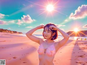 A woman in a pink bikini holding a flower on the beach.