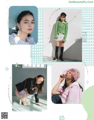 A magazine spread with a picture of a woman in a pink sweater and skirt.