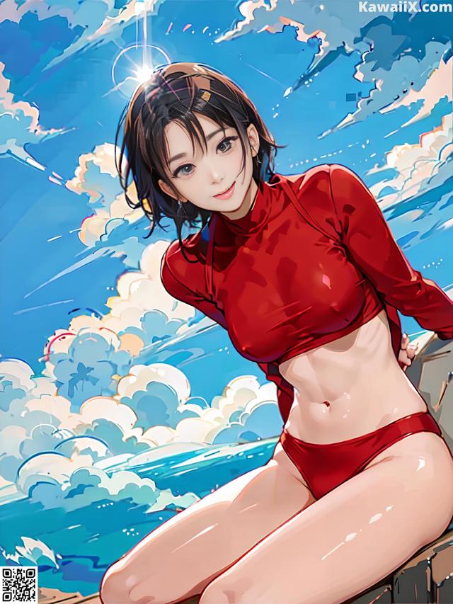 A woman in a red bikini sitting on a wall.