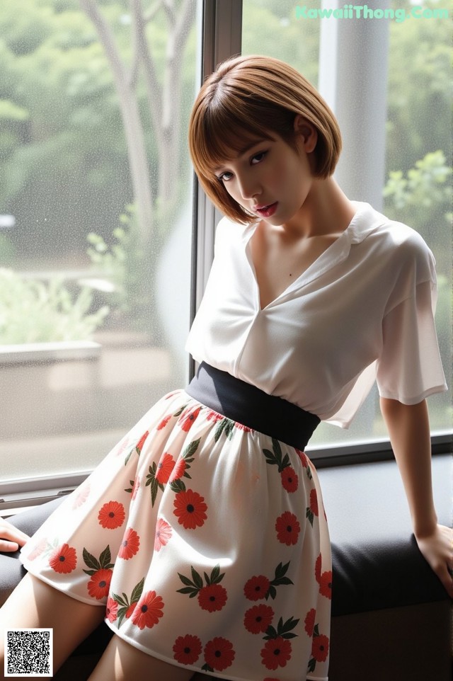 A woman sitting on a window sill next to a window.