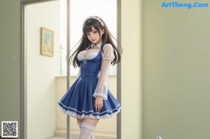 A woman in a blue and white dress sitting on a bed.
