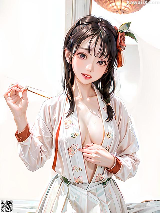 A woman in a kimono holding chopsticks in her hand.