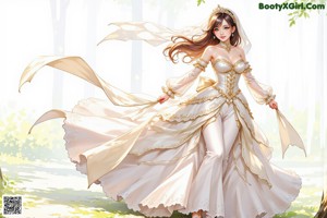 A woman in a wedding dress standing in the woods.