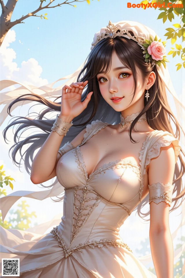 A woman in a wedding dress with a flower in her hair.