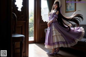 A woman in a purple dress and hat posing by a window.