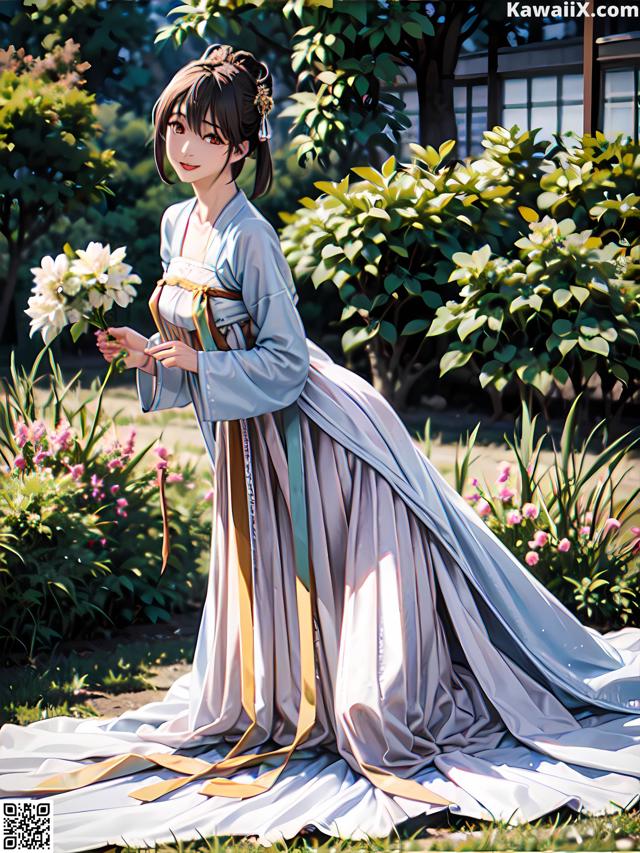 A woman in a long dress holding a bouquet of flowers.