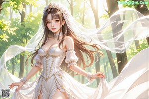 A woman in a wedding dress walking through a forest.