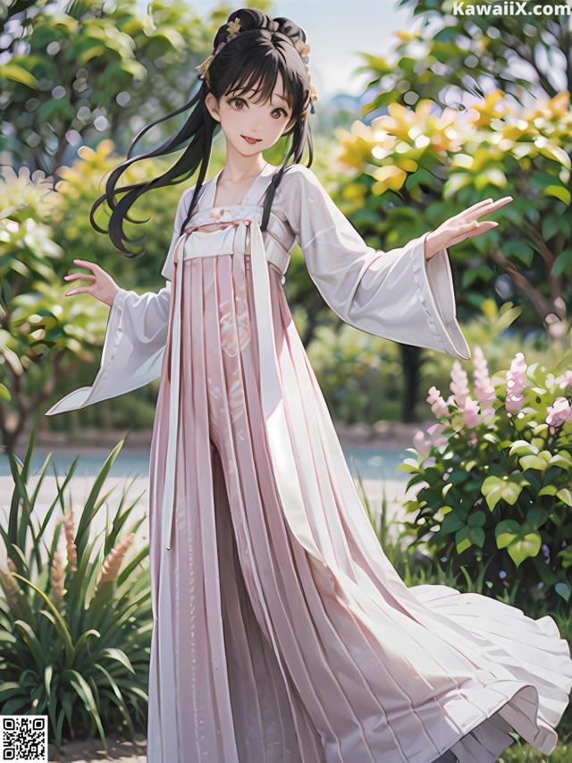 A woman in a pink and white dress standing in a garden.