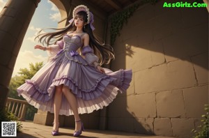 A woman in a purple dress is walking down a sidewalk.